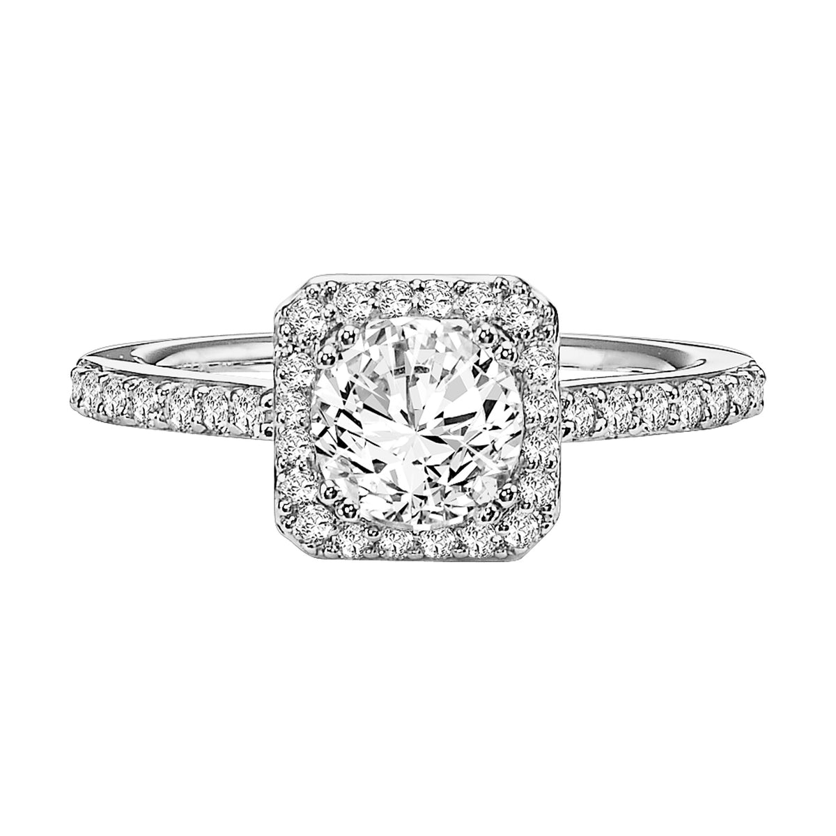 Luxurious and refined, this timeless design features a stunning diamond halo and band to magnificently enhance the center stone