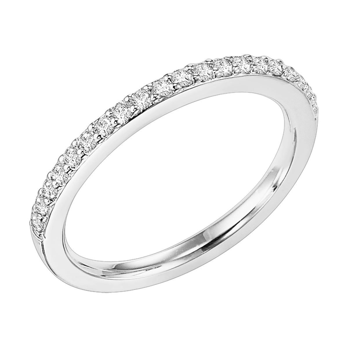 Wedding band with shared prong set, round diamonds.