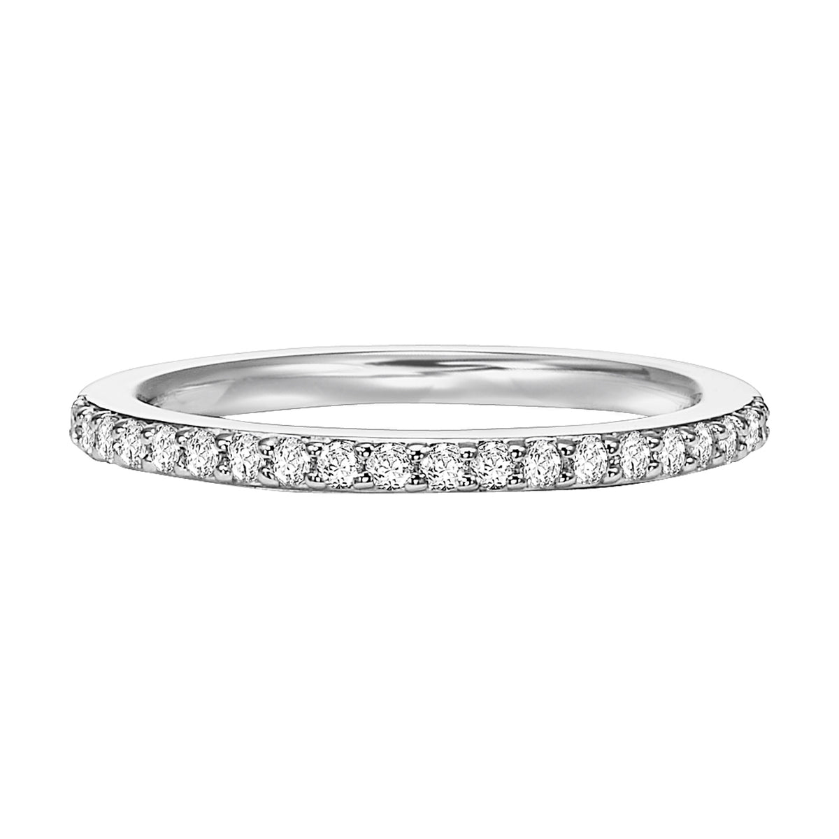 Wedding band with shared prong set, round diamonds.