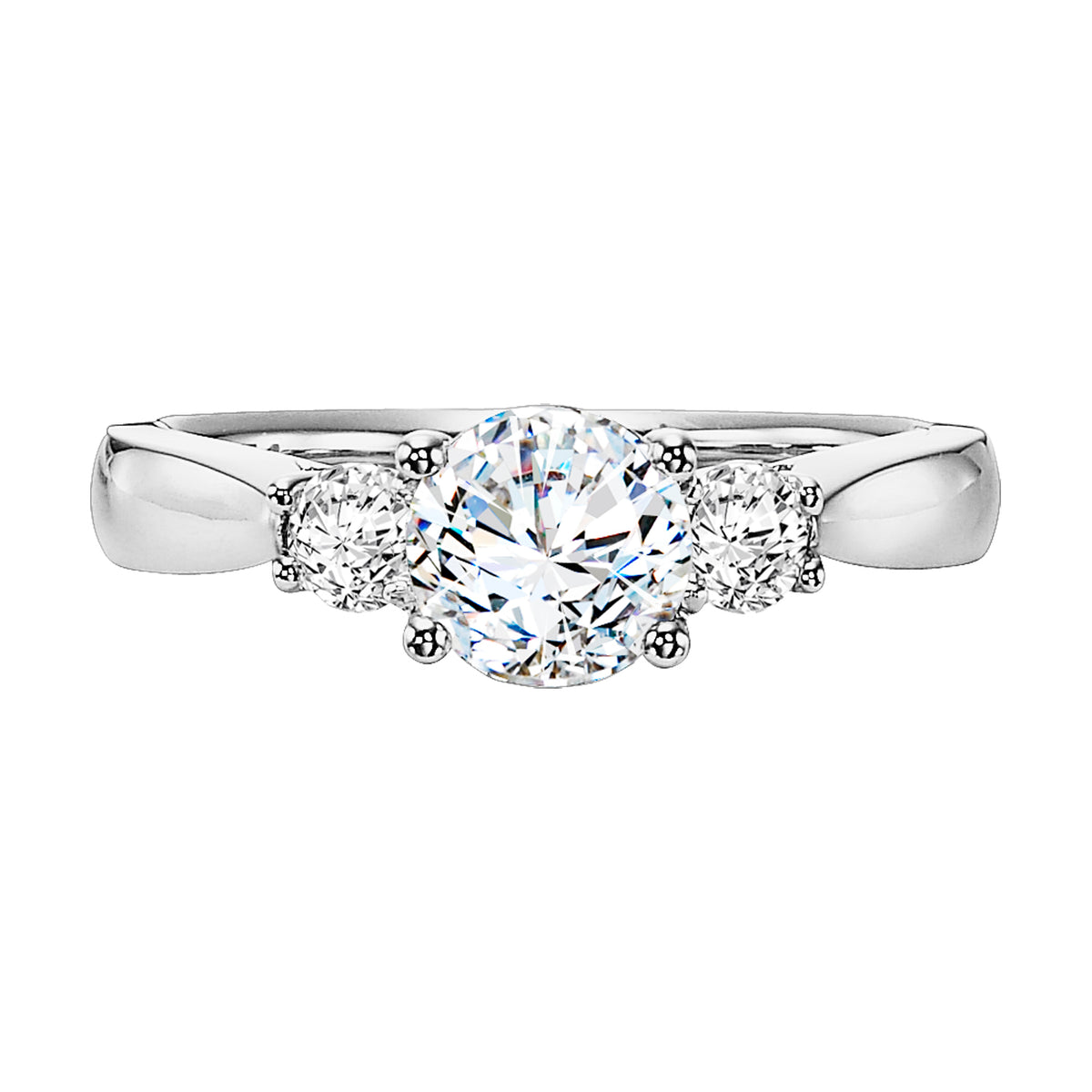 3-stone prong set diamond engagement ring elegantly set on a high polished band