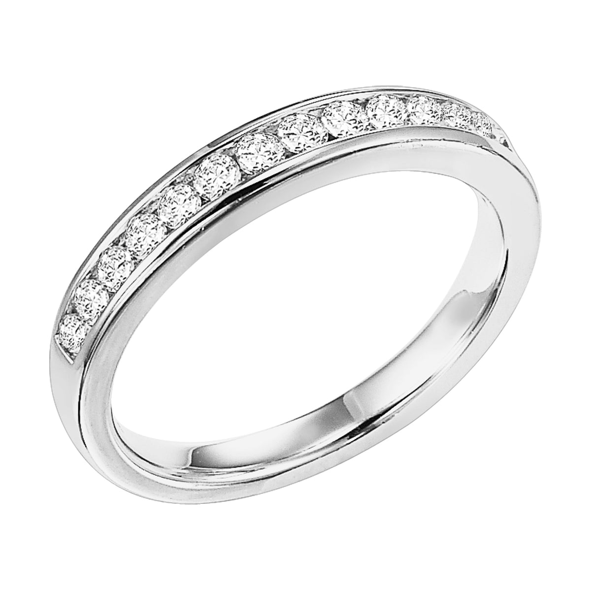 Wedding band with channel set, round diamonds.