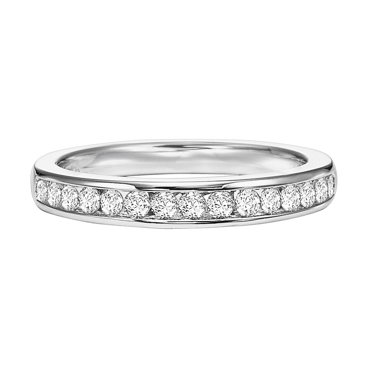 Wedding band with channel set, round diamonds.