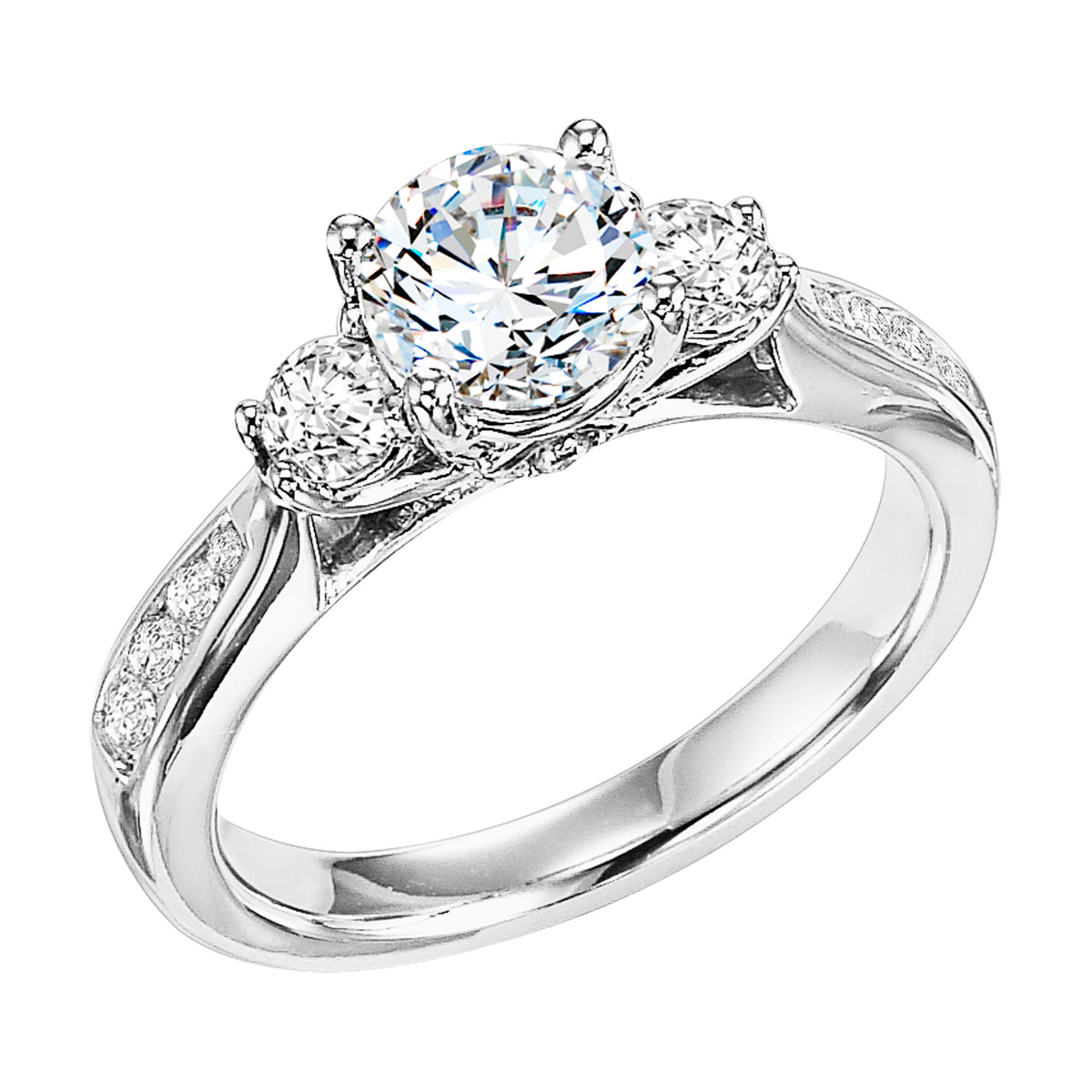 3-stone prong set diamond engagement ring gleams with its graduated diamond channel set band