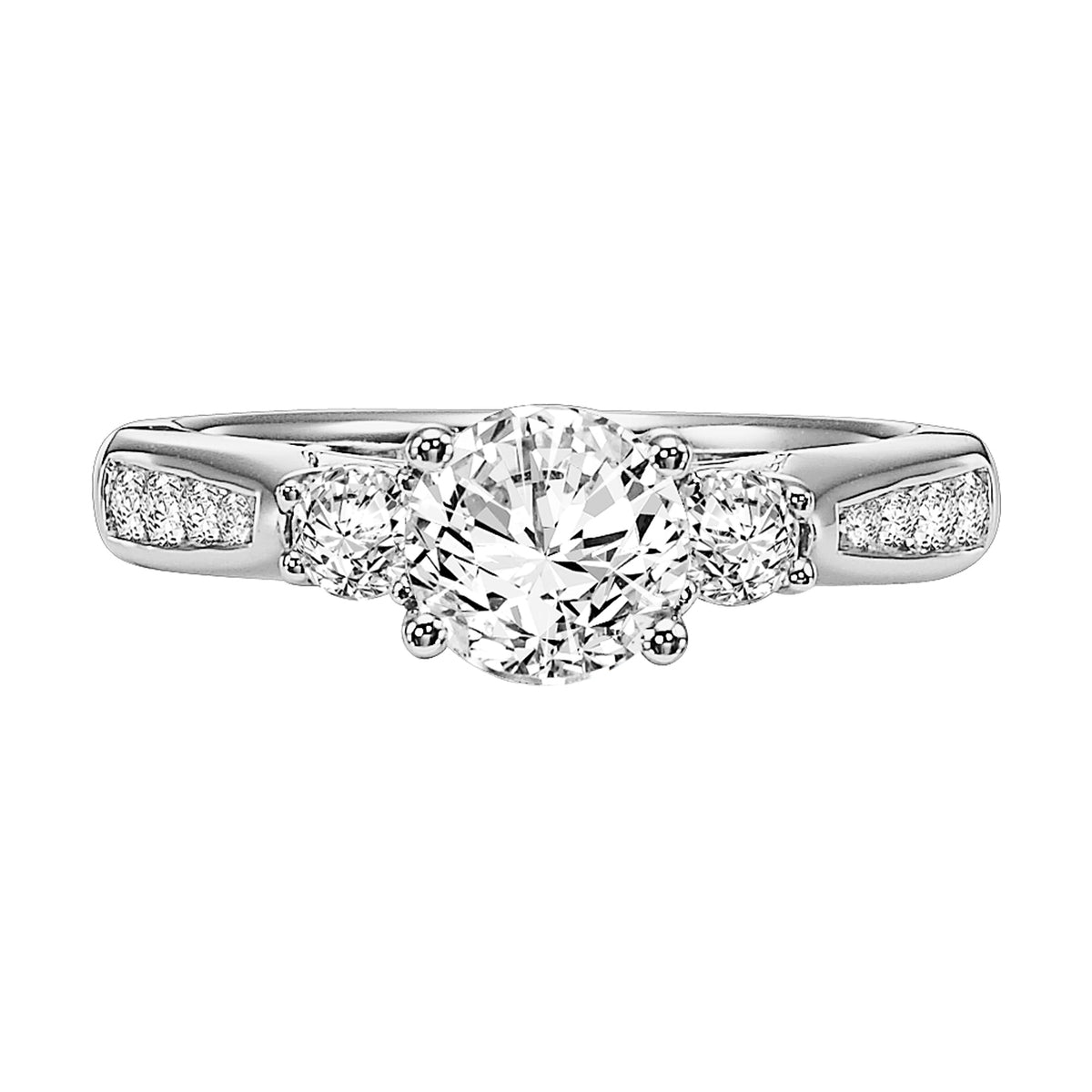 3-stone prong set diamond engagement ring gleams with its graduated diamond channel set band