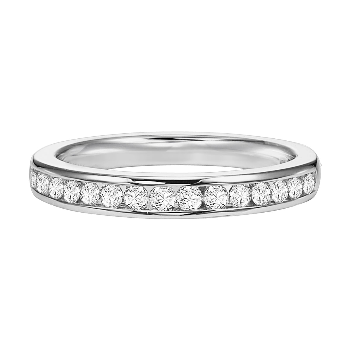 Wedding band with channel set, round diamonds.