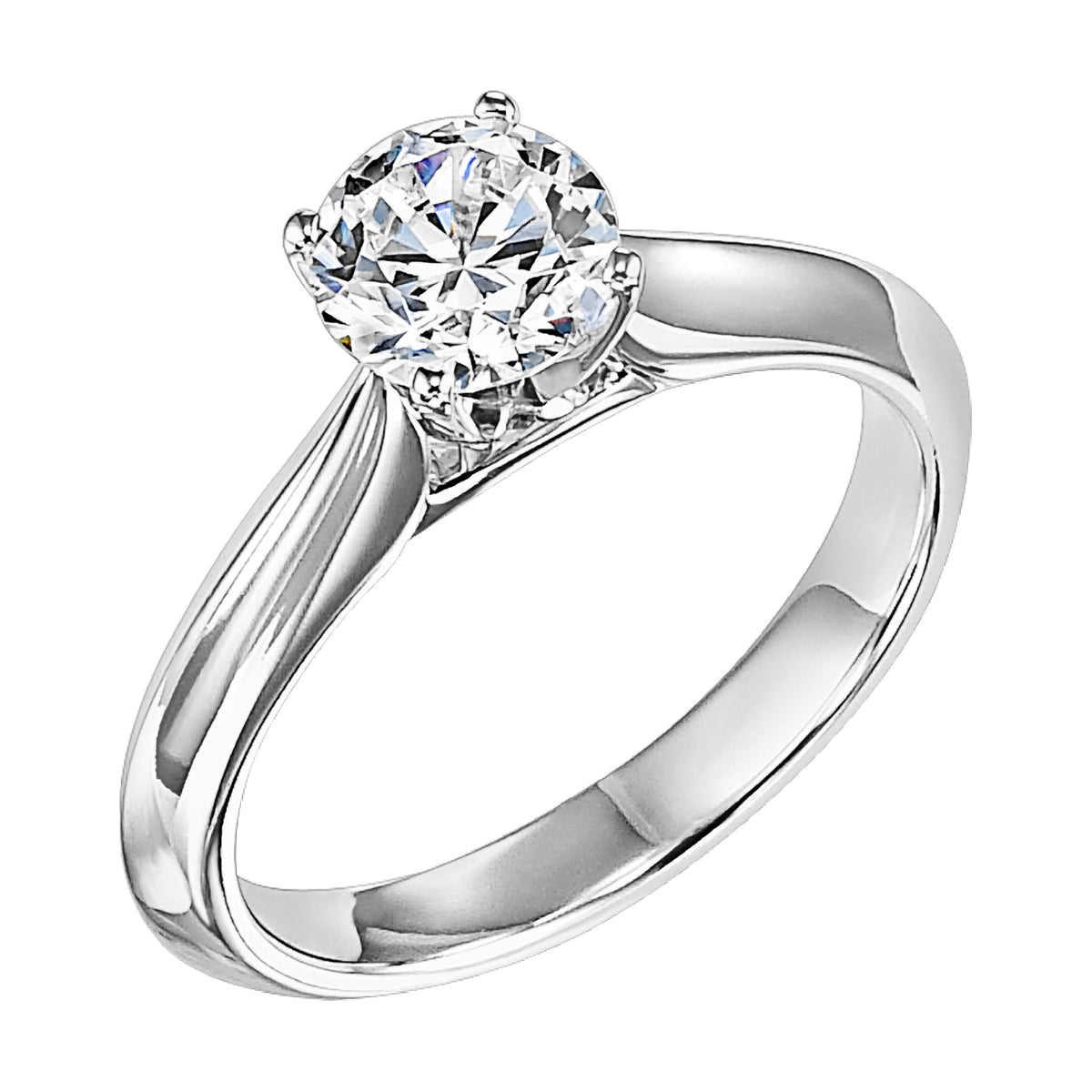 This brilliant round diamond is set with a classic high polished band creating the perfect balance of sophistication and elegance