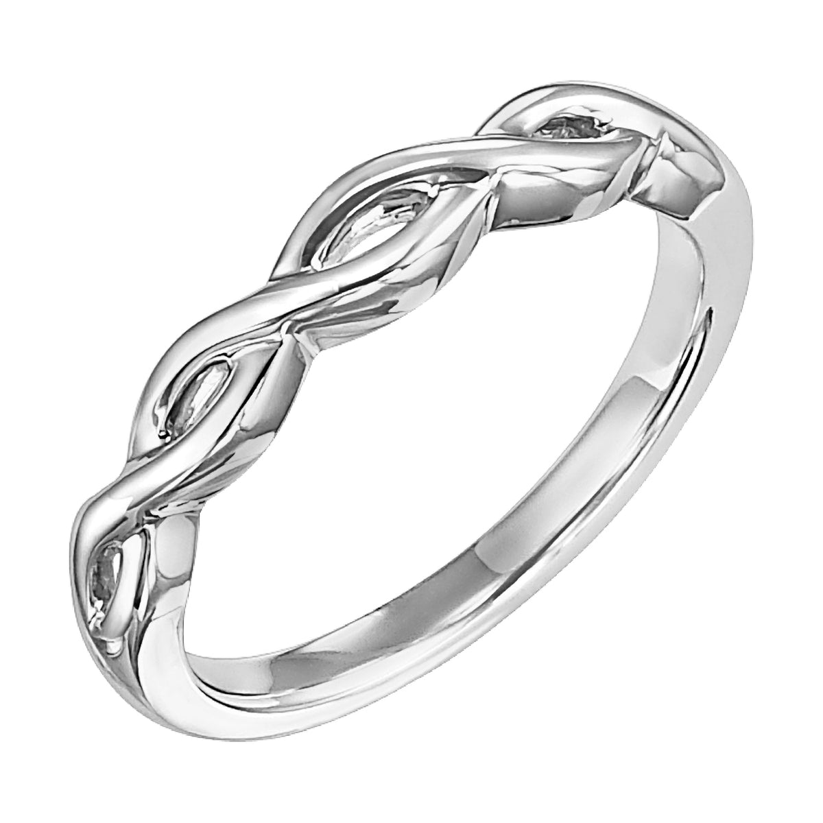Wedding band with high polished, infinity twist shank design to compliment matching engagement ring.