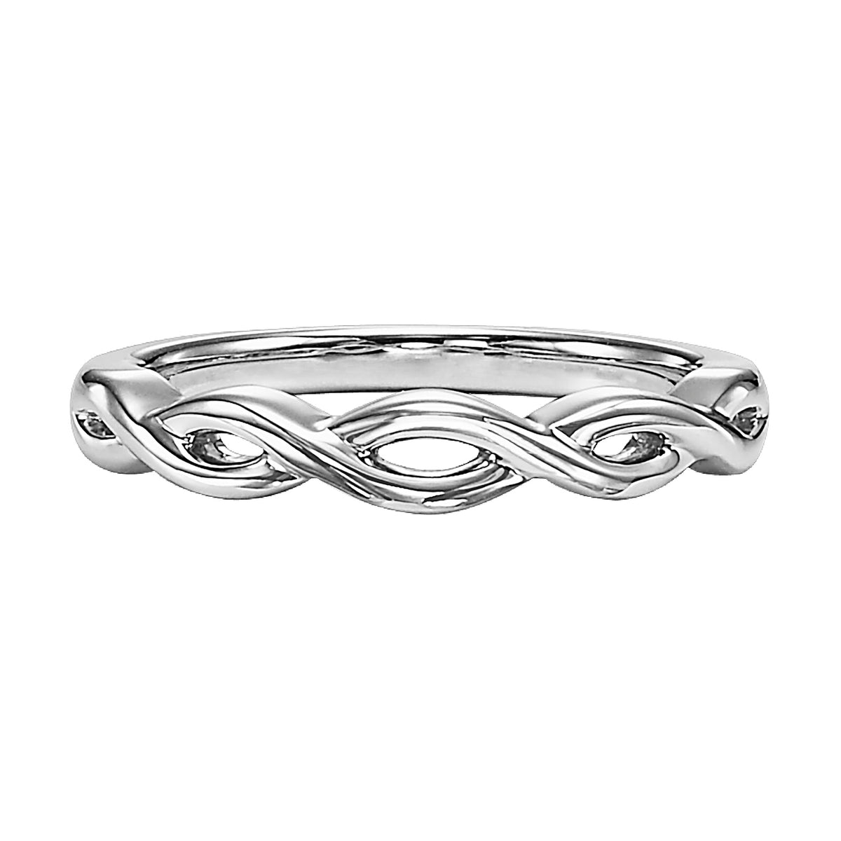 Wedding band with high polished, infinity twist shank design to compliment matching engagement ring.