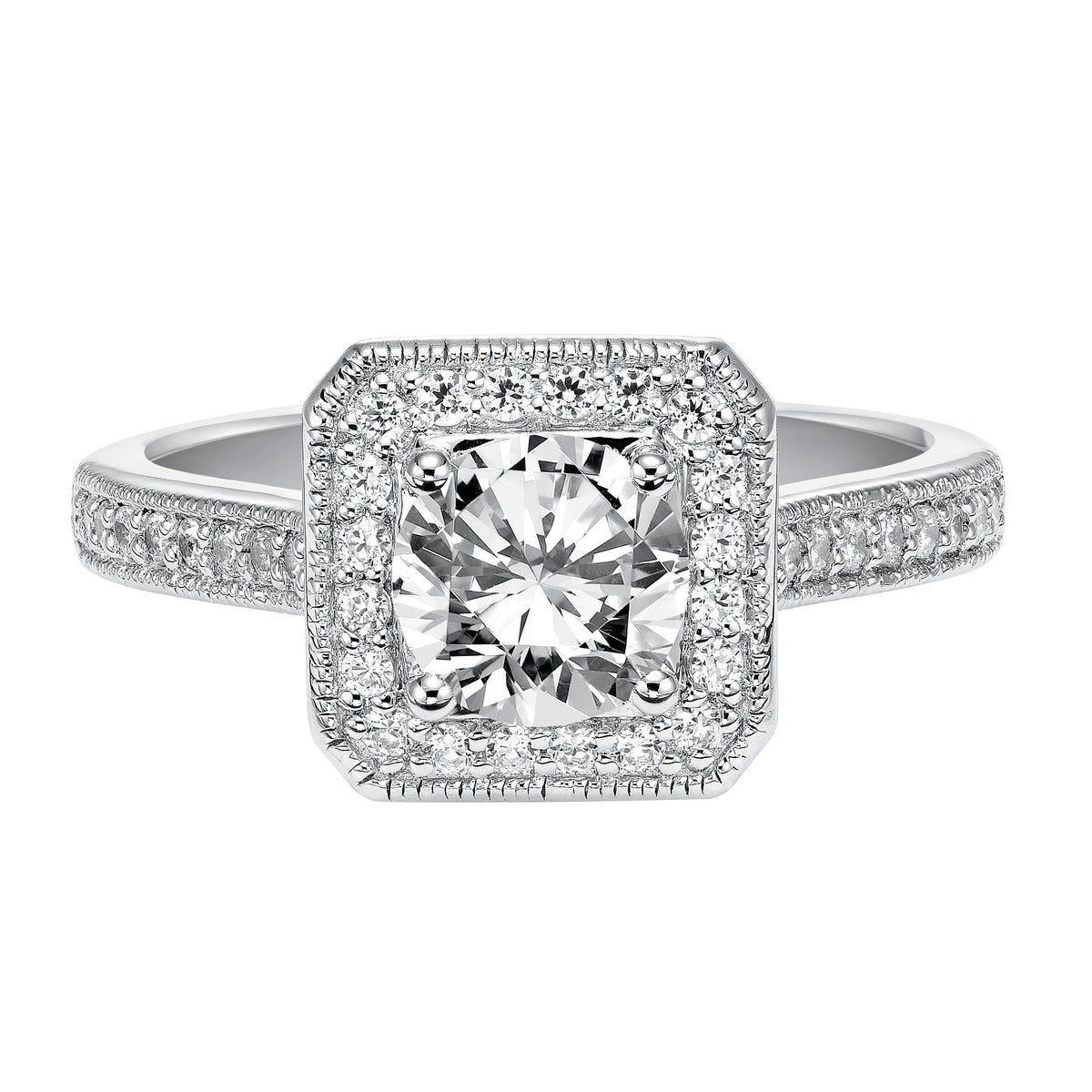 This striking vintage inspired diamond halo engagement ring features a delicately designed diamond and milgrain band