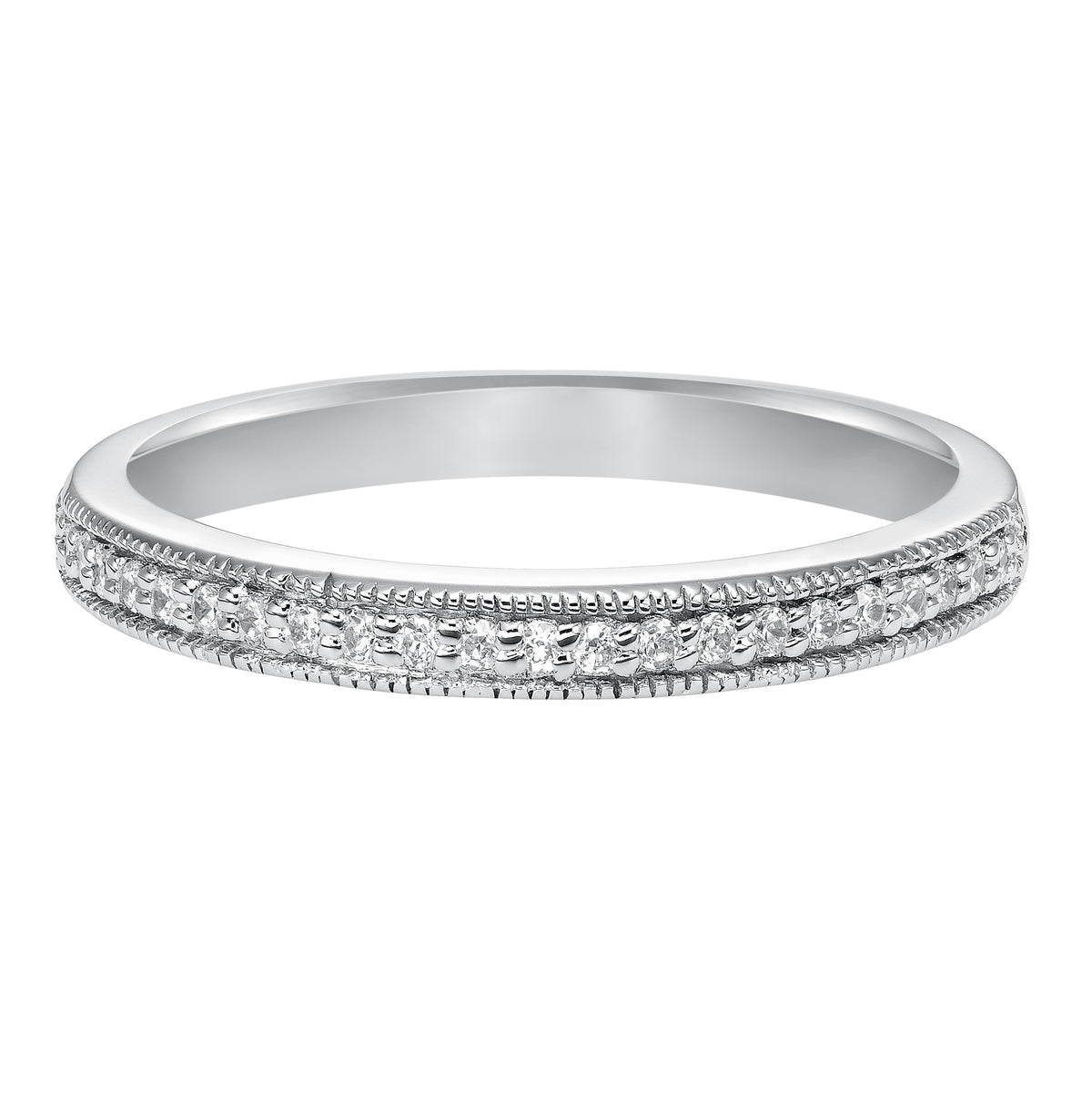 Wedding band with bead set, round diamonds and milgrain.