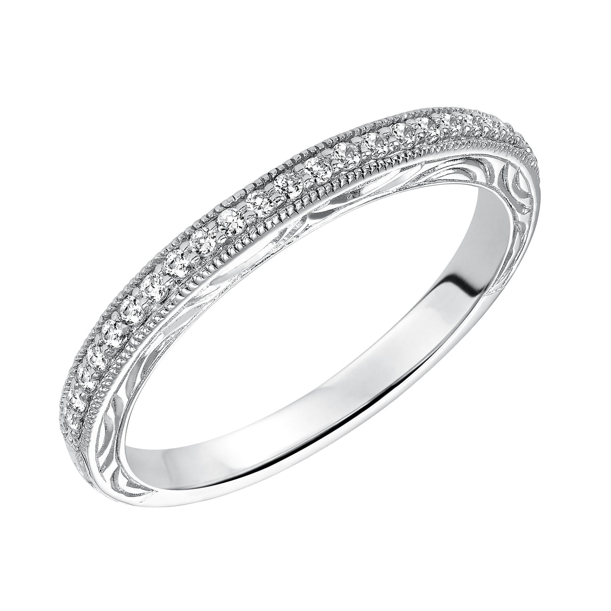 Wedding band with bead set, round diamonds, milgrain and engraving.