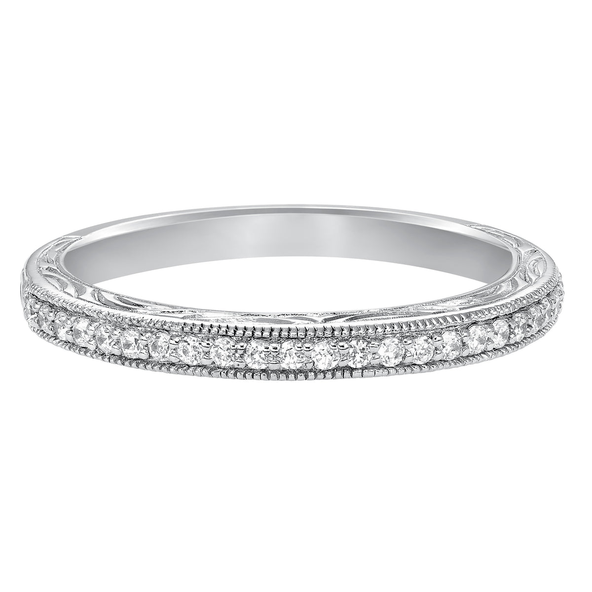 Wedding band with bead set, round diamonds, milgrain and engraving.