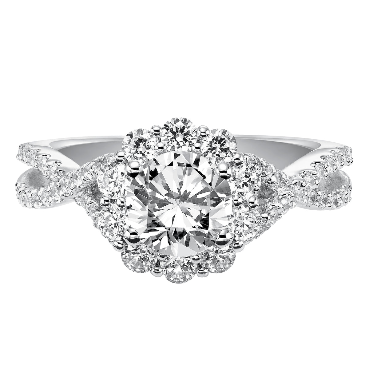 Awe-inspiring sparkle illuminates from this engagement ring featuring a shared prong set diamond halo and elegant twisted diamond band for grand effect.