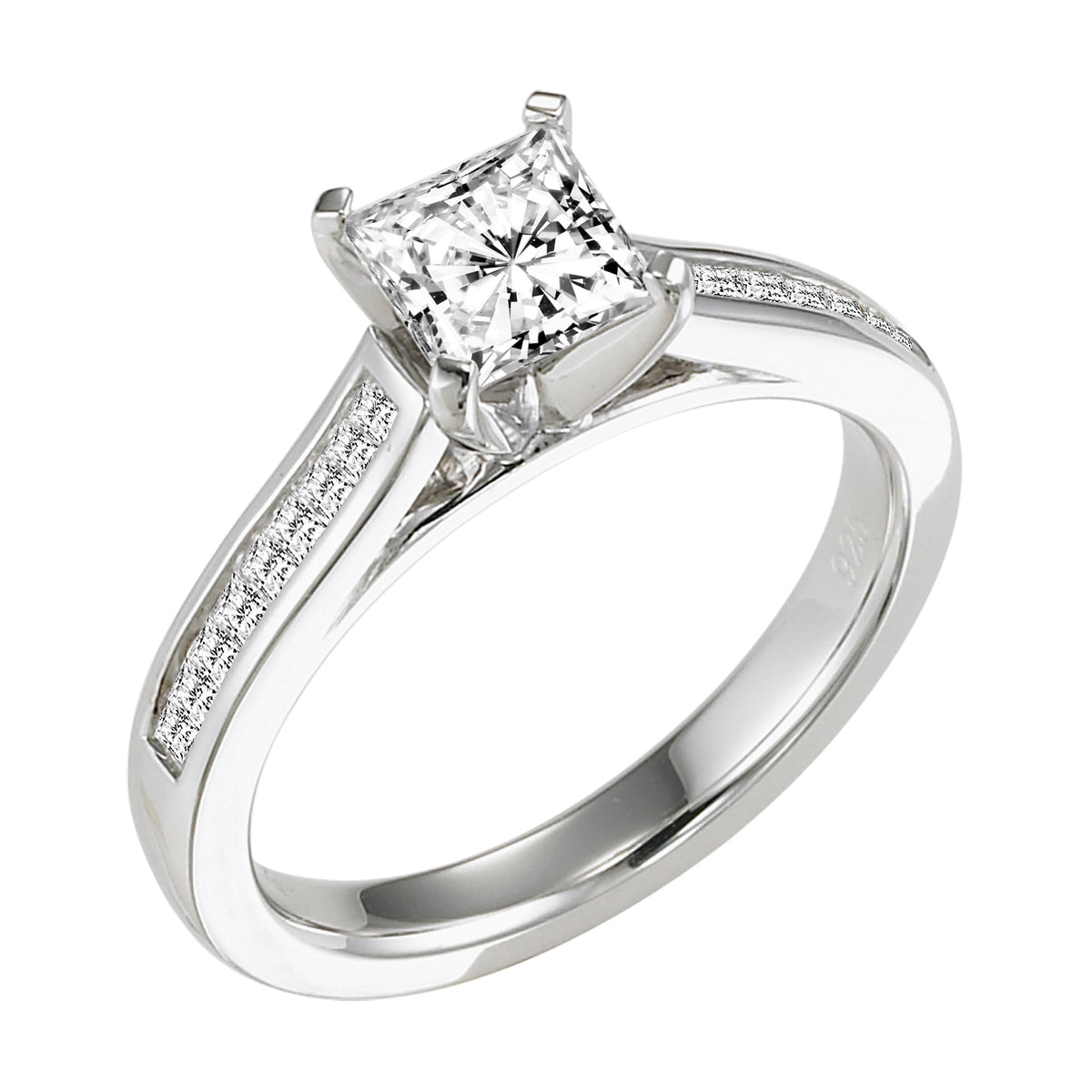 For the princess at heart, this classically designed princess cut diamond engagement ring is complimented by a princess cut diamond channel set band