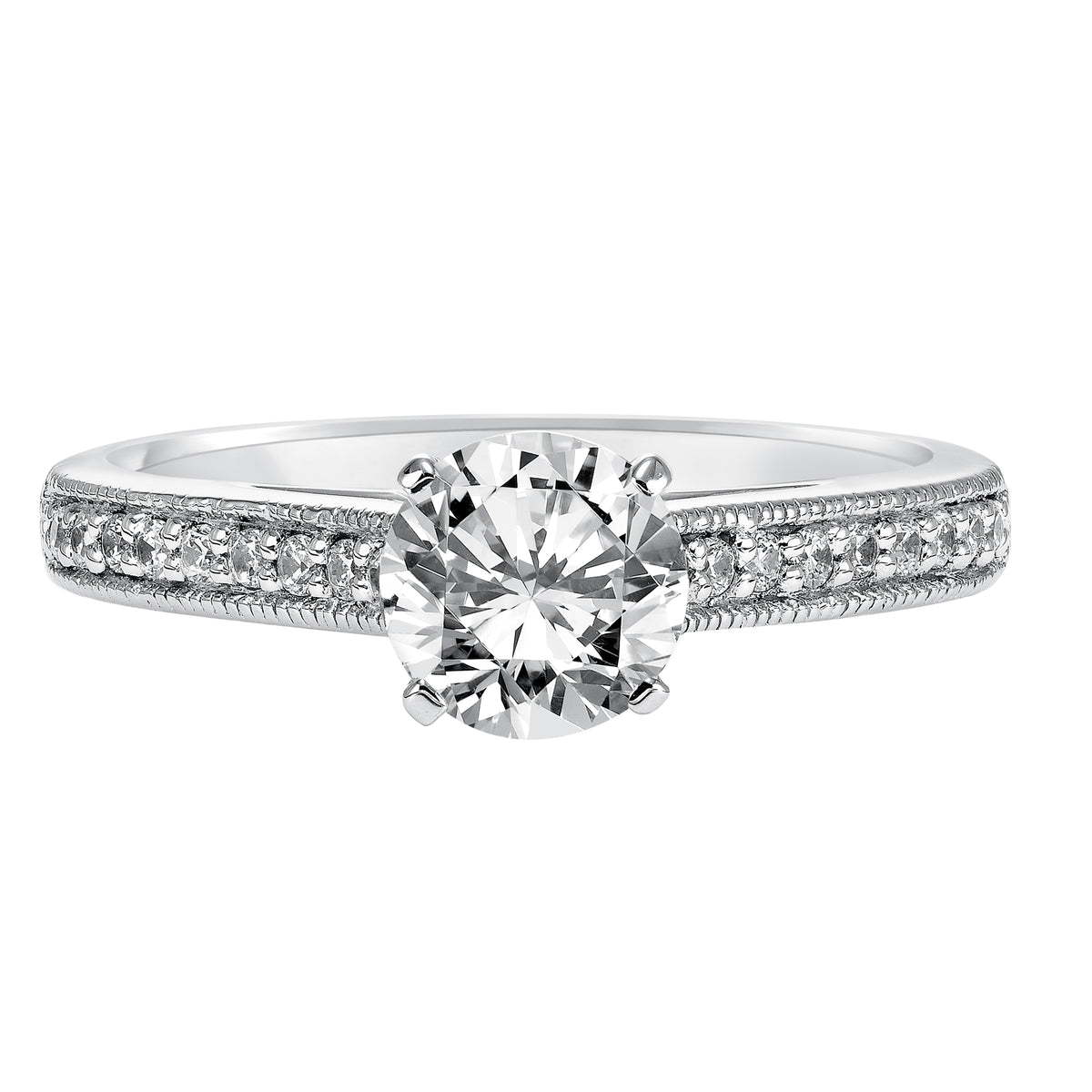 Delicate milgrain gracefully accents this diamond prong set band for refined look