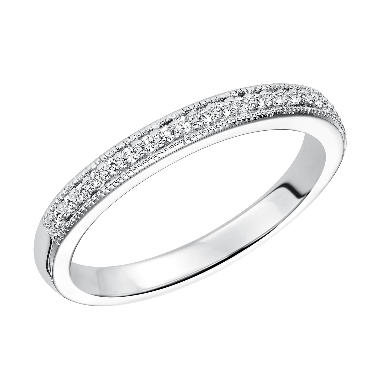 Wedding band with bead set, round diamonds and milgrain