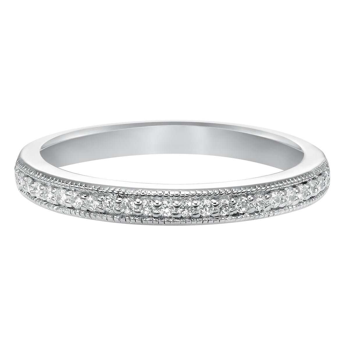 Wedding band with bead set, round diamonds and milgrain