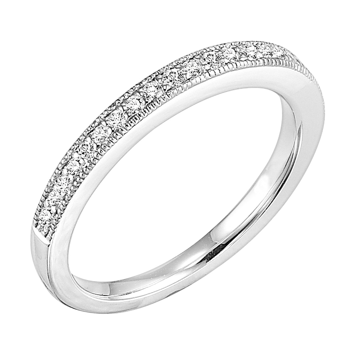 Wedding band with  bead set, round diamonds and milgrain.