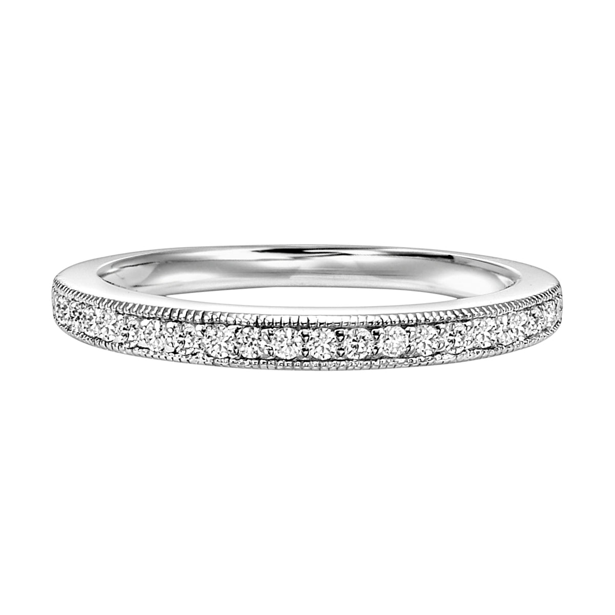 Wedding band with  bead set, round diamonds and milgrain.