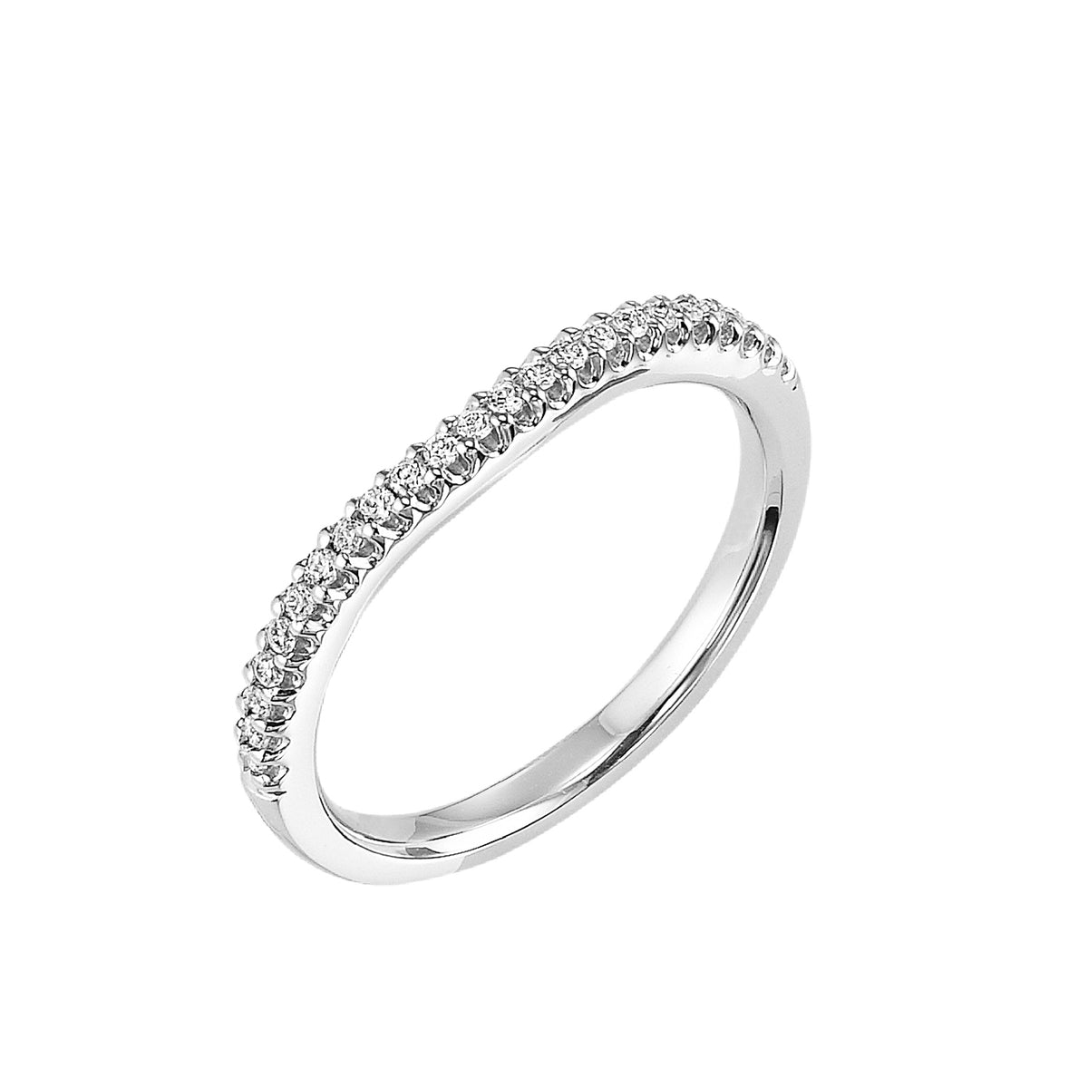 Wedding band with prong set, round diamonds and curved to fit flush with matching engagement ring.