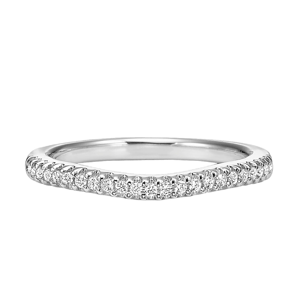 Wedding band with prong set, round diamonds and curved to fit flush with matching engagement ring.