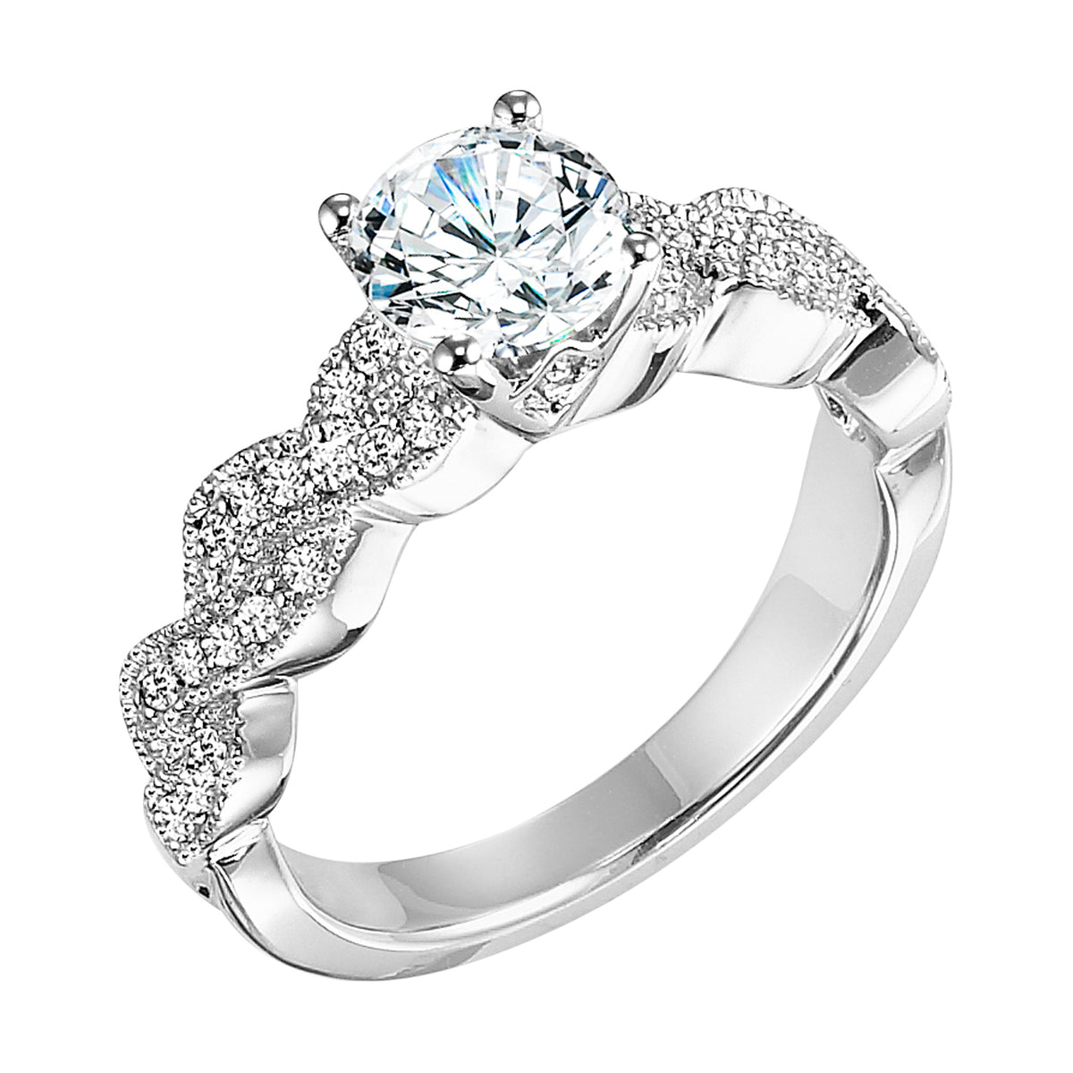 This finely crafted diamond prong set ribbon twist band with milgrain looks lovely as it accentuates the center stone