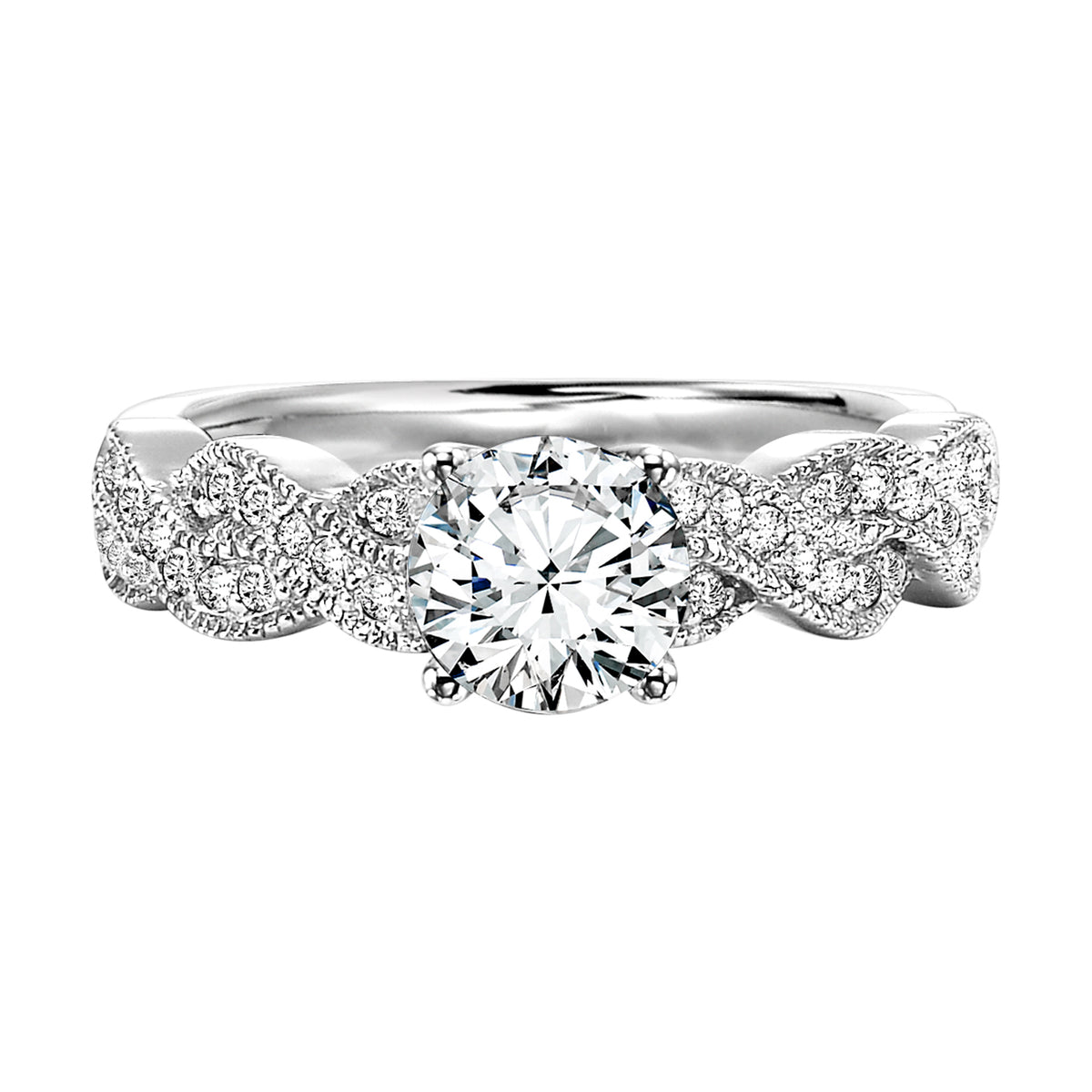 This finely crafted diamond prong set ribbon twist band with milgrain looks lovely as it accentuates the center stone