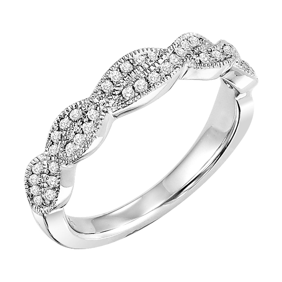 Wedding band with round diamond, infinity twist shank design with milgrain to compliment matching engagement ring.