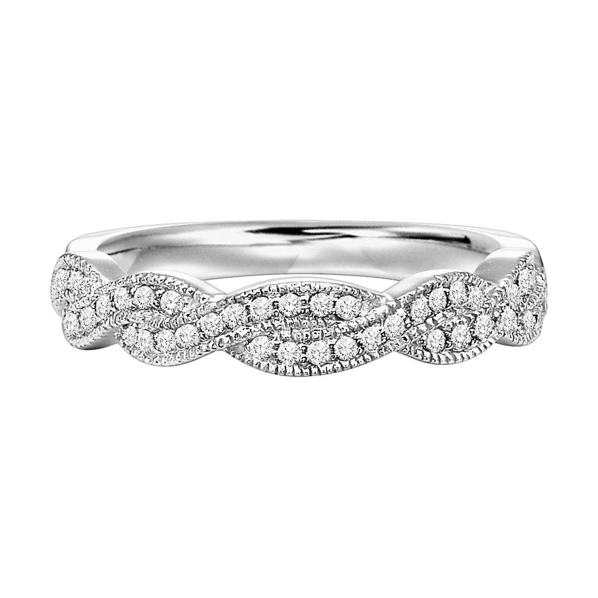 Wedding band with round diamond, infinity twist shank design with milgrain to compliment matching engagement ring.