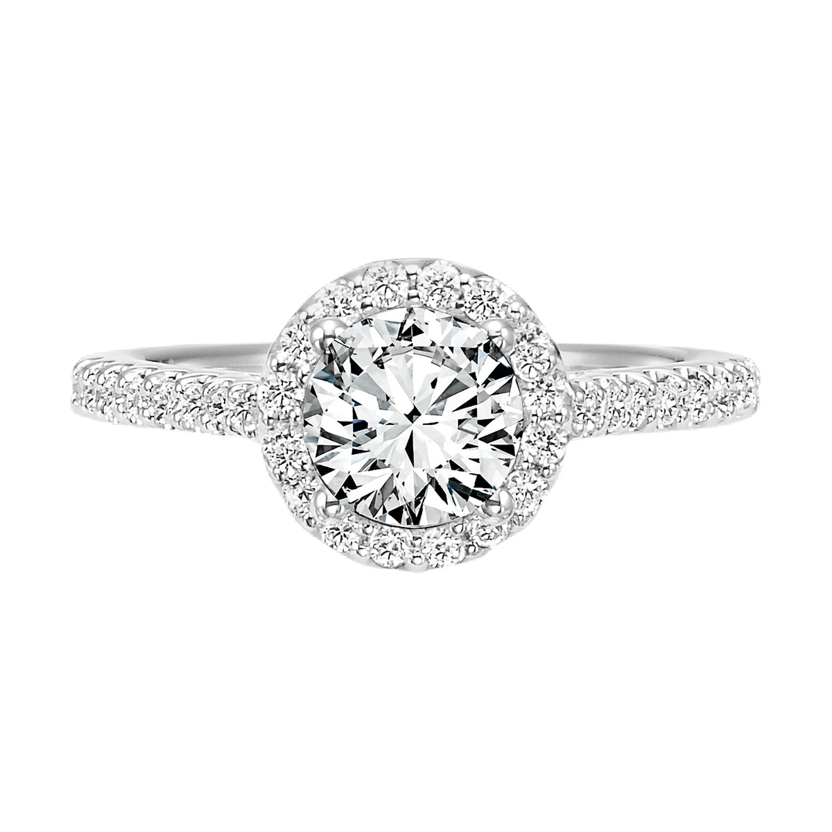 Ravishing yet refined, this engagement ring sparkles brilliantly with its diamond prong set halo and band