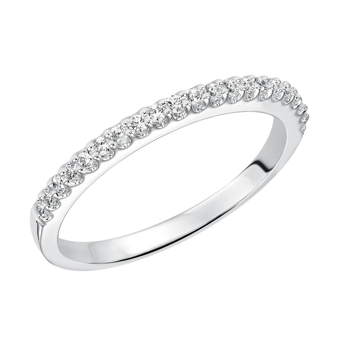 Wedding band with prong set, round diamonds.