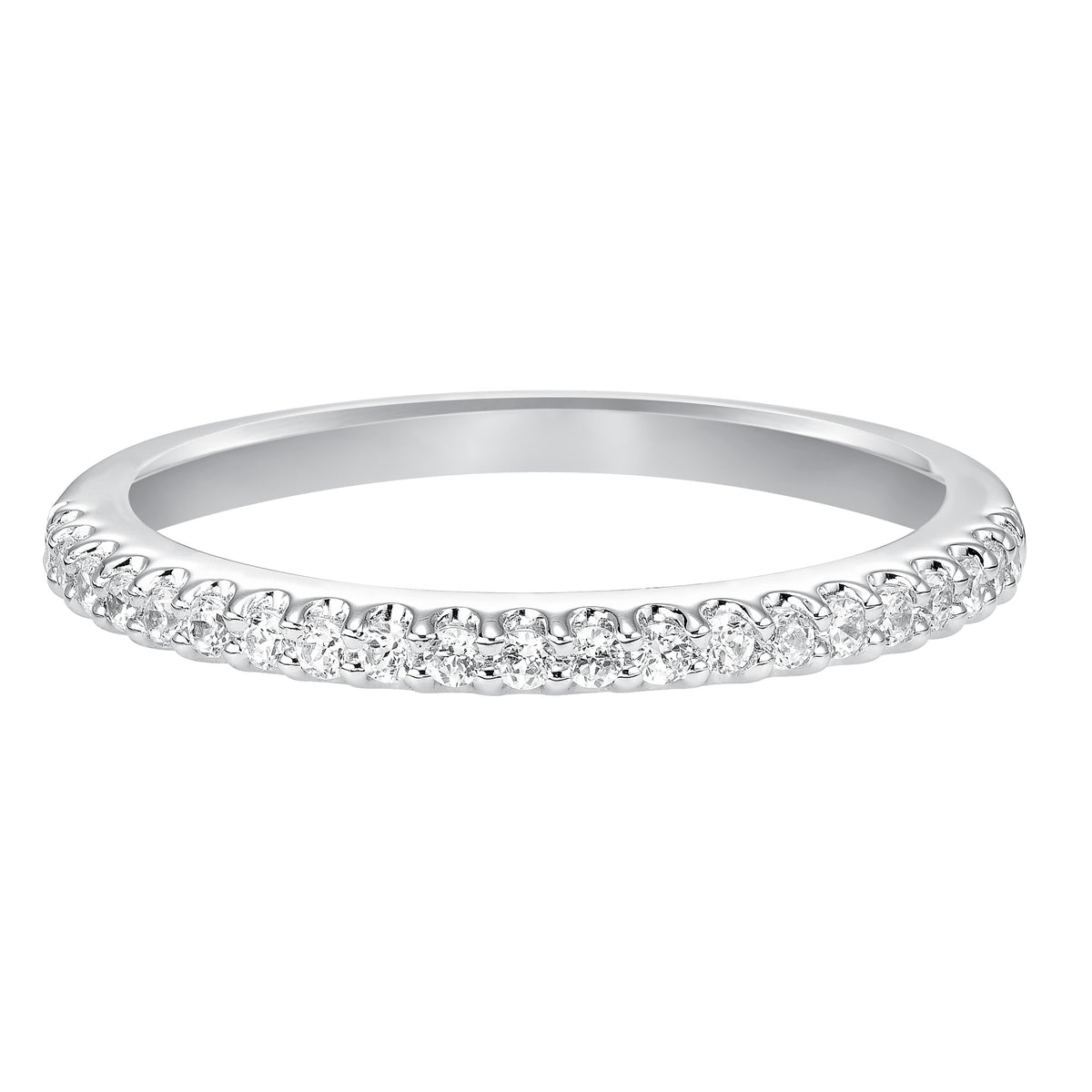 Wedding band with prong set, round diamonds.