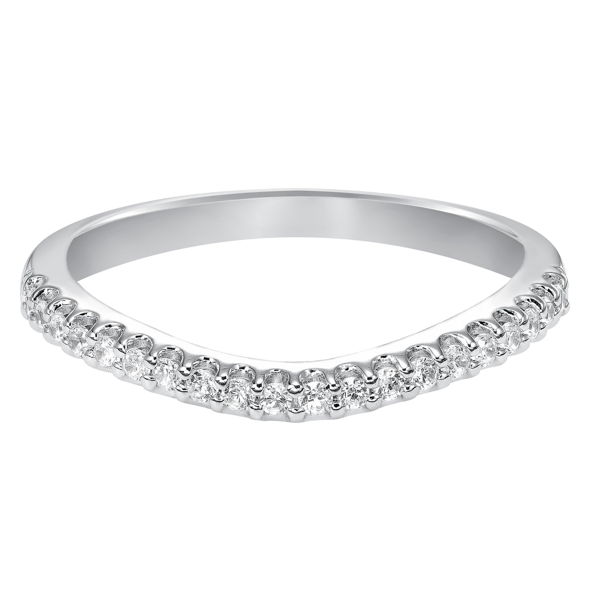 Wedding band with prong set, round diamonds.