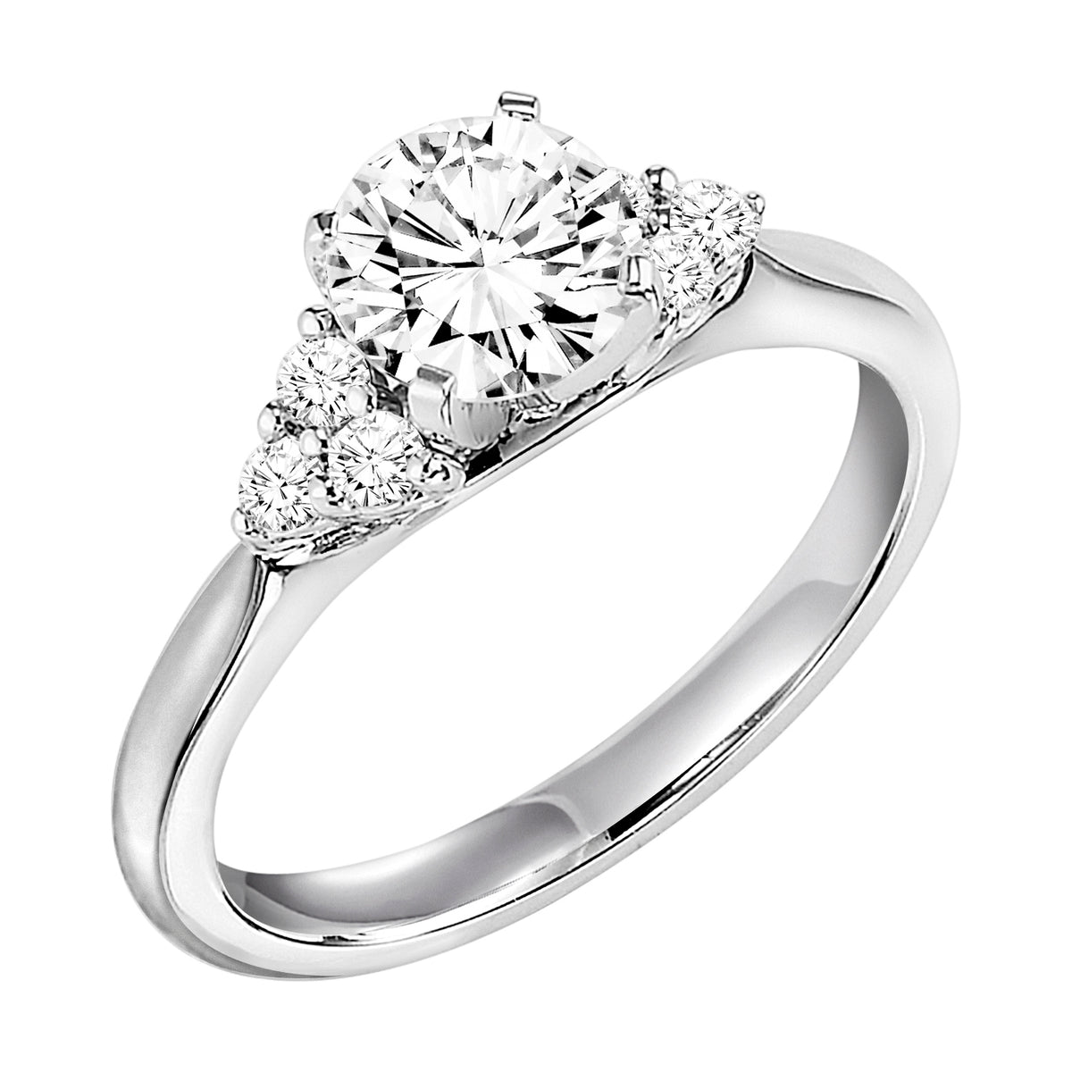 Timeless in design, this engagement ring features a round center stone accented by a striking 3-stone diamond cluster on each side along with a high polished band