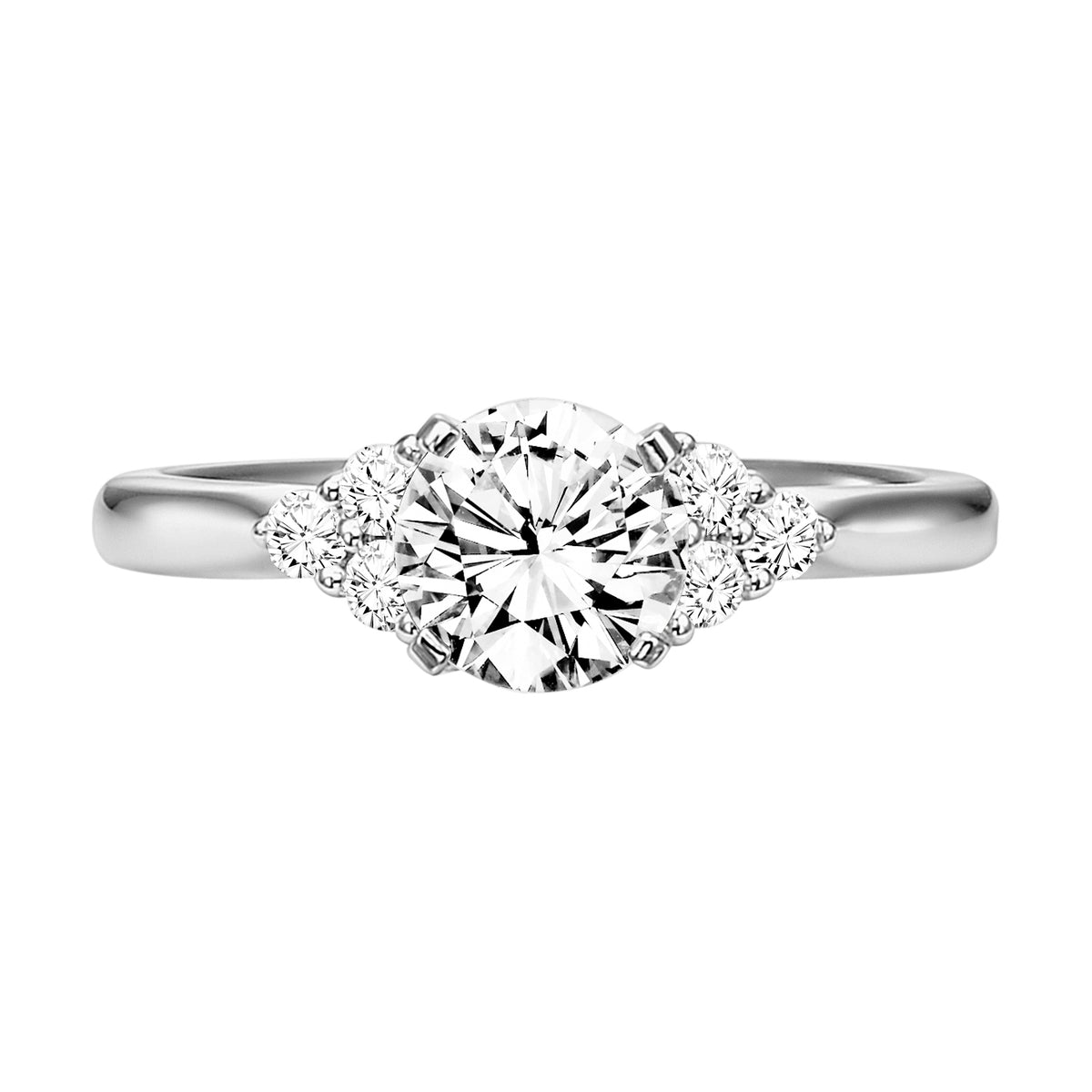 Timeless in design, this engagement ring features a round center stone accented by a striking 3-stone diamond cluster on each side along with a high polished band