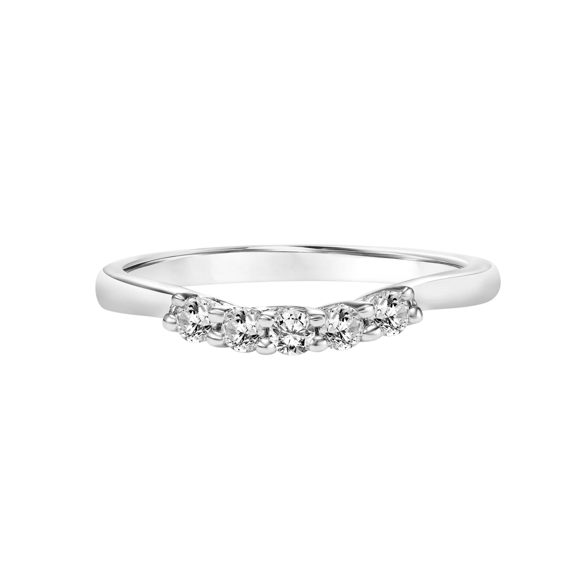Wedding band with five, round, prong set diamonds and high polished, knife-edge shank.