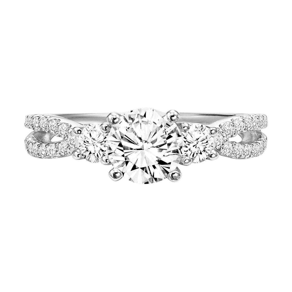 This glamorous 3-stone diamond engagement ring features a split diamond prong set band for a luxurious look