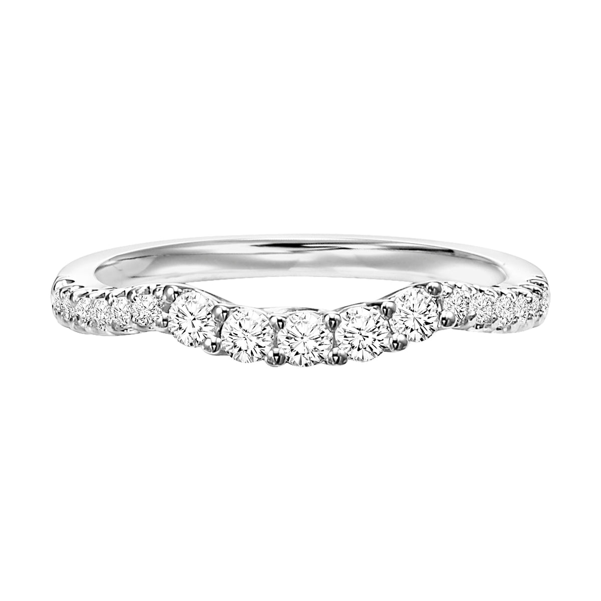 Wedding band with five, round, prong set diamonds and complimenting round, diamond prong set shank.