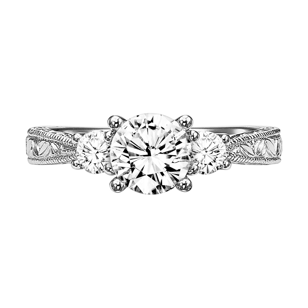 Finely crafted, beautiful engraving graces this 3-stone diamond engagement ring for a vintage chic look