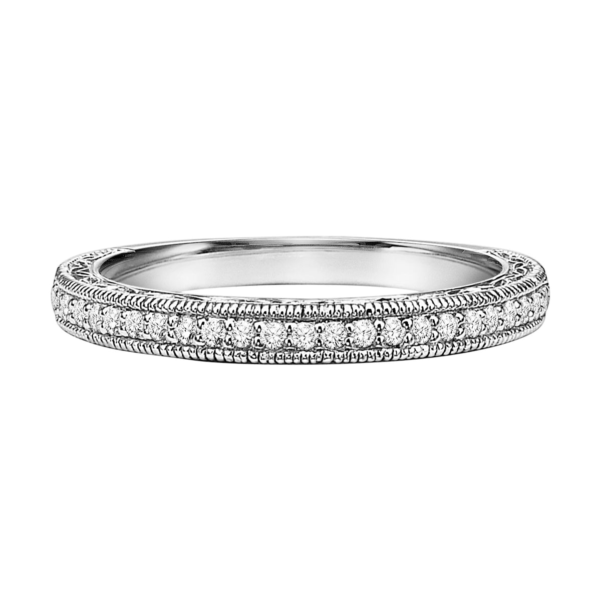 Wedding band with round, bead set diamonds, milgrain and engraving on the sides.