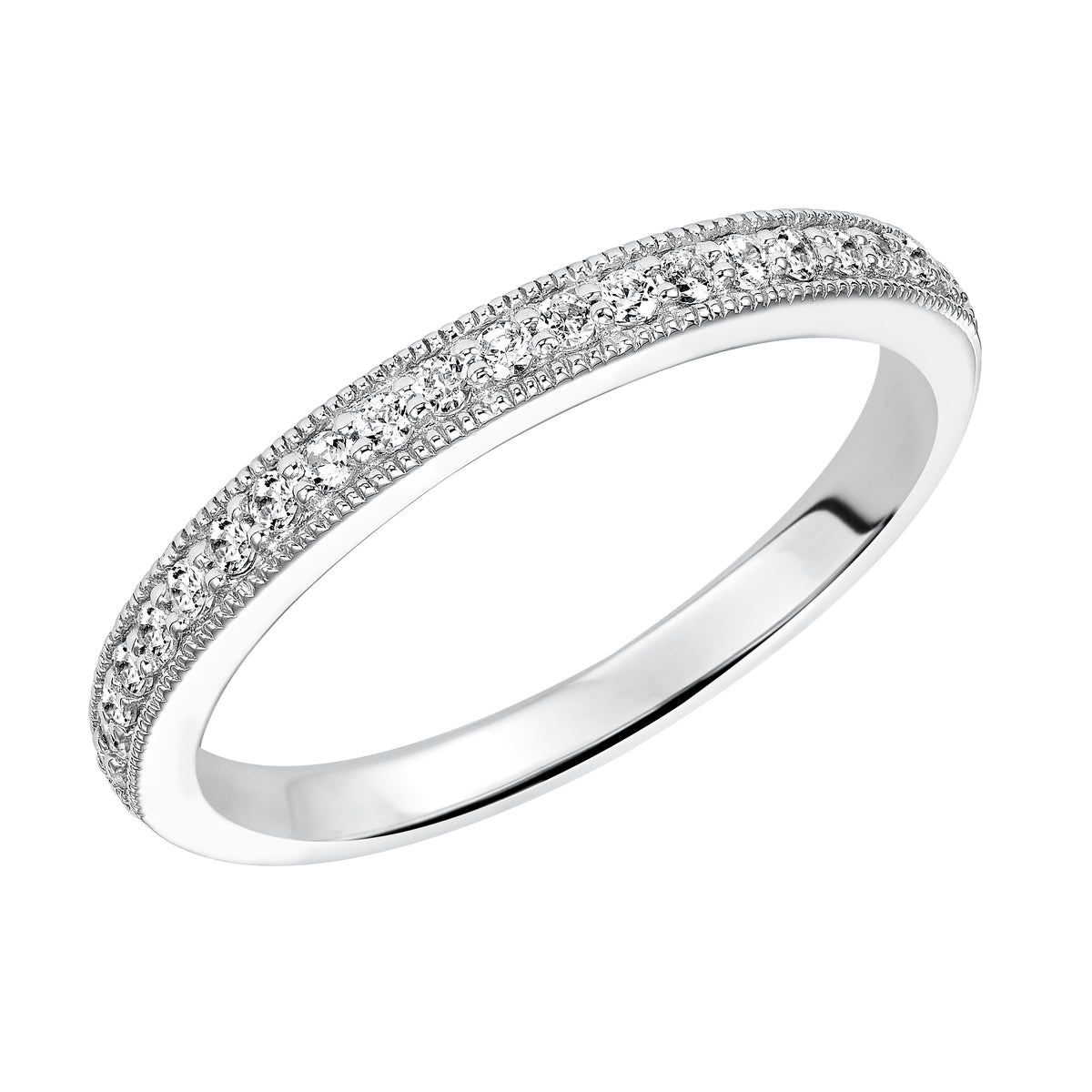 Wedding band with bead set, round diamonds and milgrain.