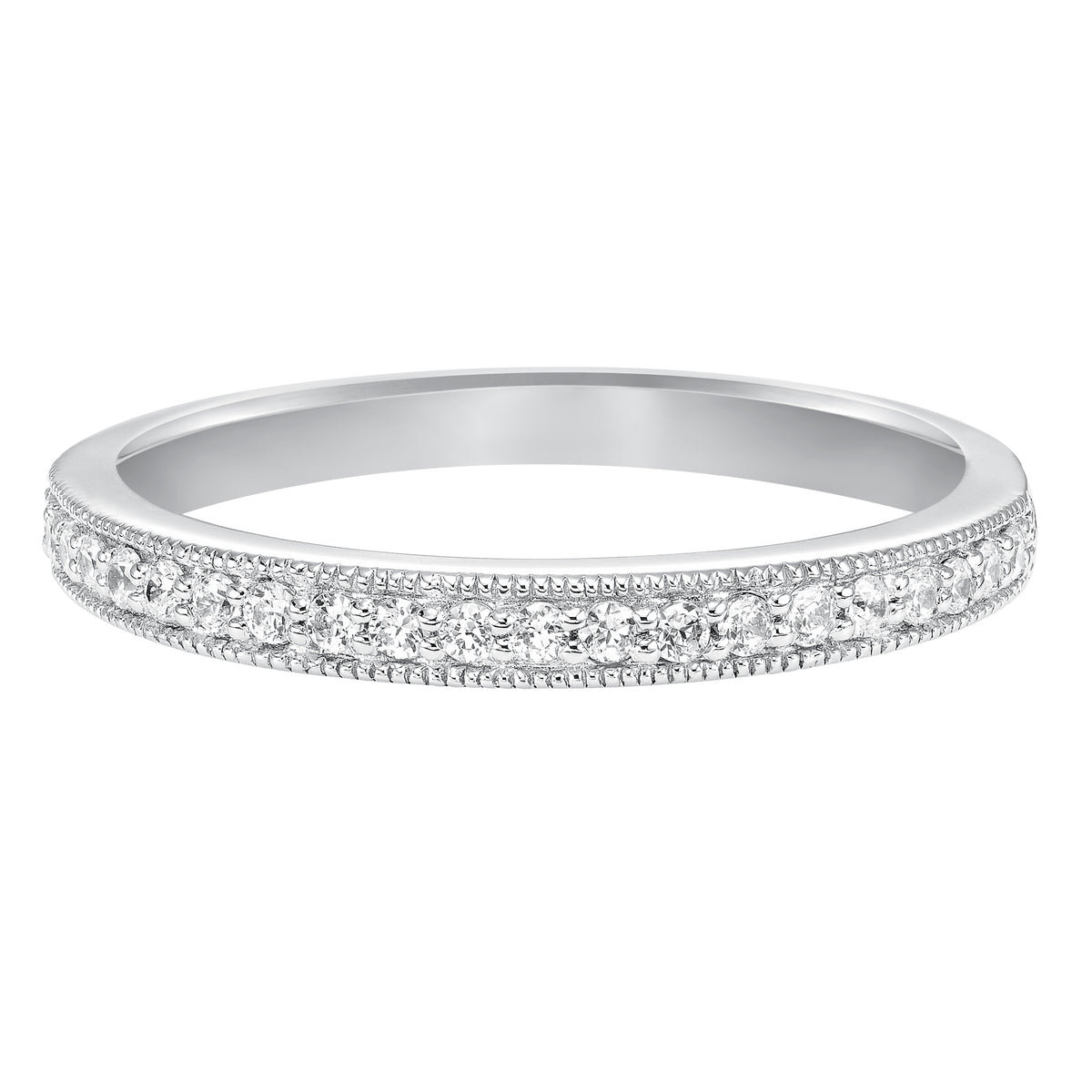 Wedding band with bead set, round diamonds and milgrain.