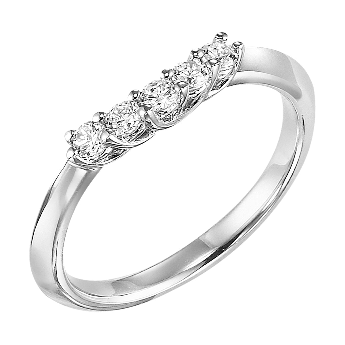 Wedding band with five, round, prong set diamonds and high polished shank.