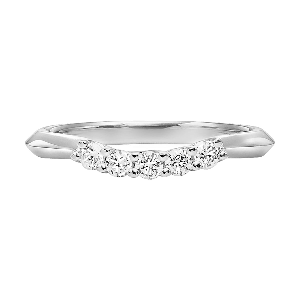 Wedding band with five, round, prong set diamonds and high polished shank.
