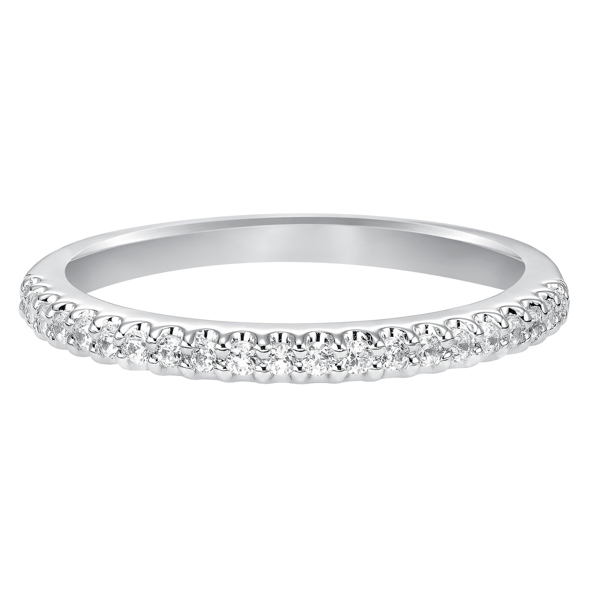 Wedding band with prong set, round diamonds.