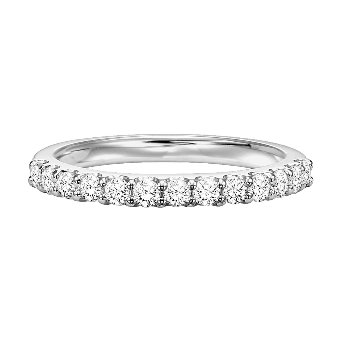Wedding band with prong set, round diamonds.