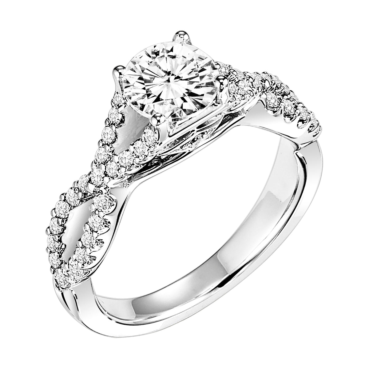 Gracefully designed, this engagement ring features a charming prong set diamond split band for a romantic look