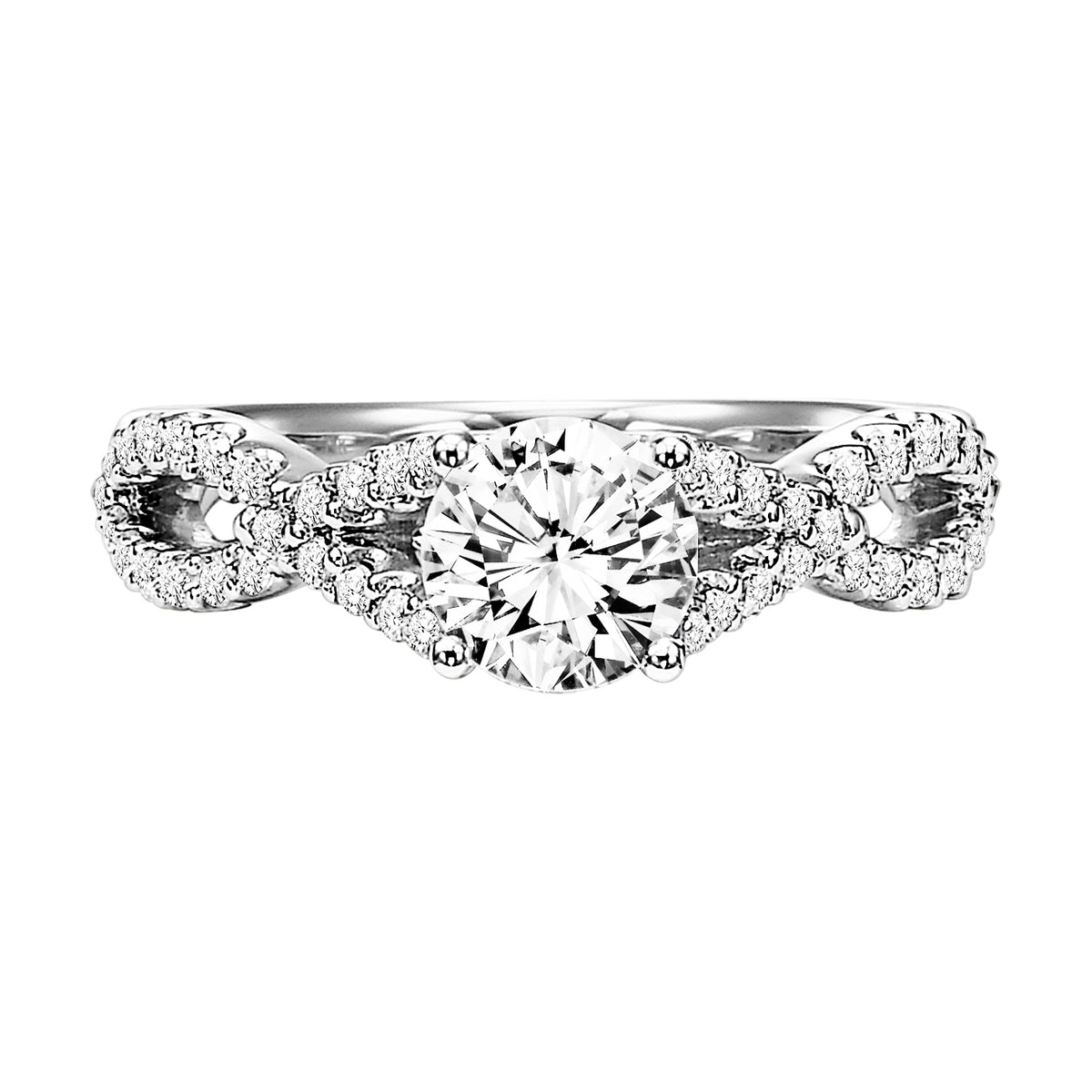 Gracefully designed, this engagement ring features a charming prong set diamond split band for a romantic look
