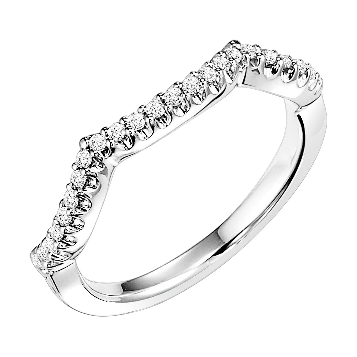 Wedding band with round, prong set diamonds with curved design to fit flush with matching engagement ring.