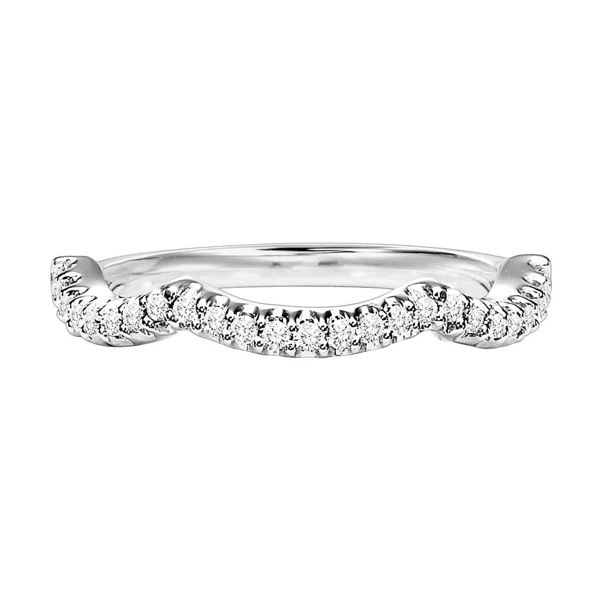 Wedding band with round, prong set diamonds with curved design to fit flush with matching engagement ring.